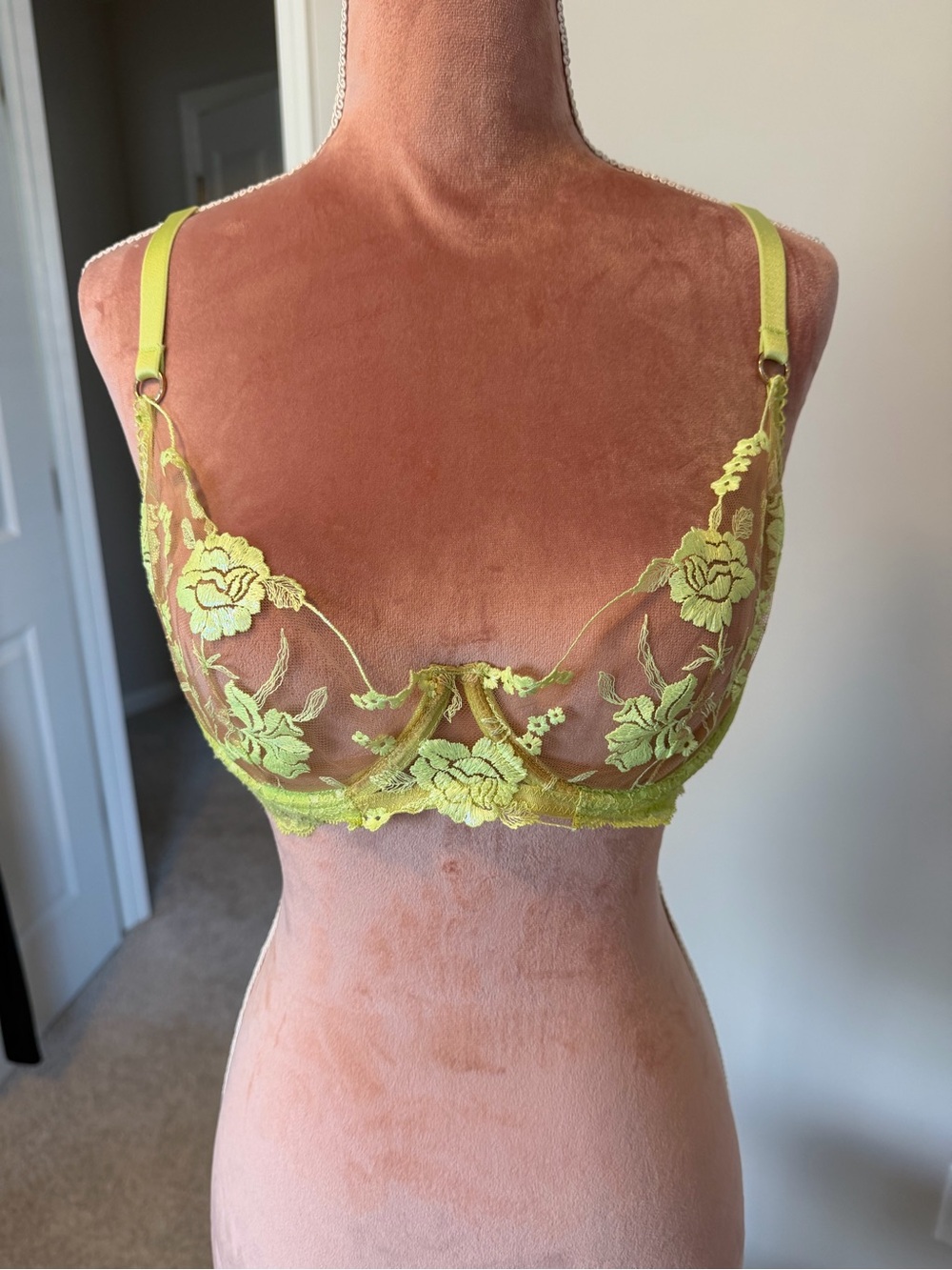 Honey Birdette Whitney collection- Sheer Floral Lace Underwire Bra in Lime Green